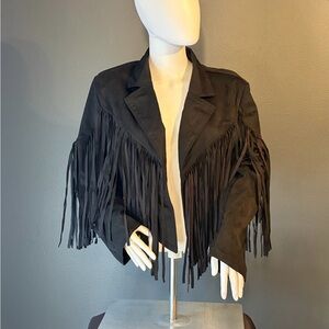 SHEIN Faux Suede Crop Fringe Black Jacket Open Front Rodeo Ready SZ 3X